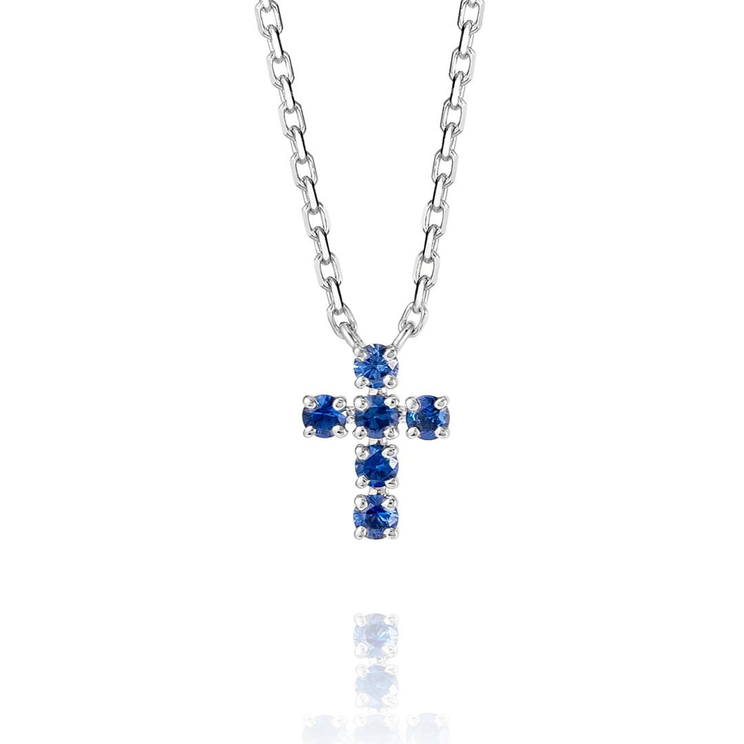 Extra Small Blue Sapphire Cross Pendant White Gold