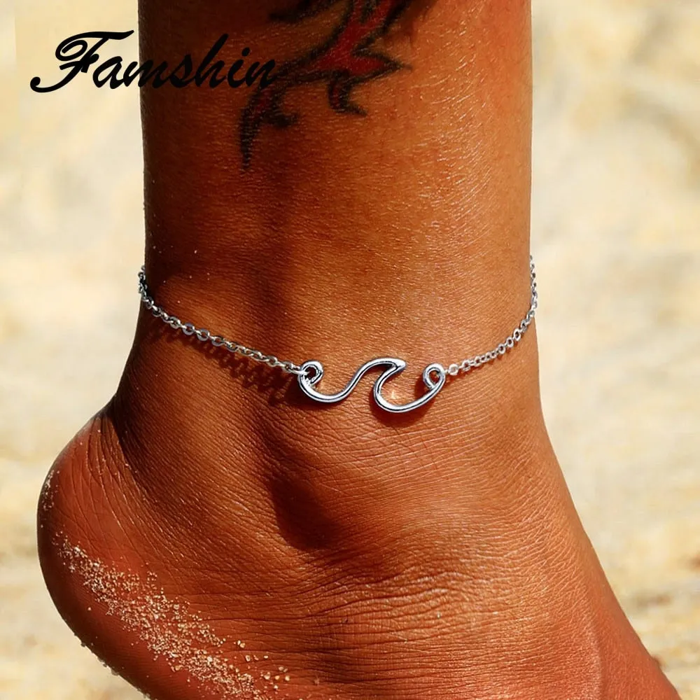 FAMSHIN Fashion Multilayer Beach Anklets For Women Vintage Beach Sea Waves Pendant Anklet Bracelet Charm Chain Foot Jewelry 2018