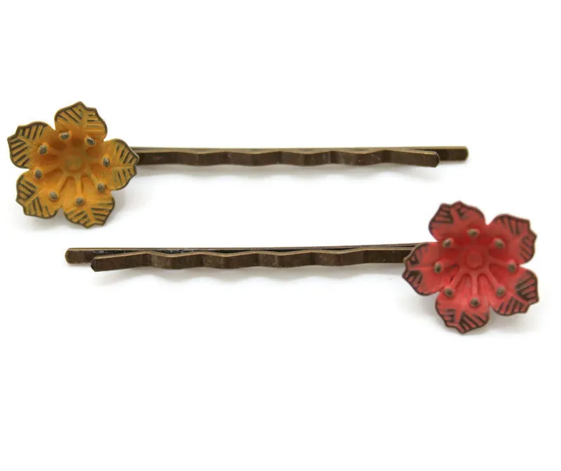 Flower Power Bobby Pins (2 pack) - Hand Painted Colorful Metal Flower Hair Pins