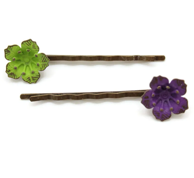 Flower Power Bobby Pins (2 pack) - Hand Painted Colorful Metal Flower Hair Pins