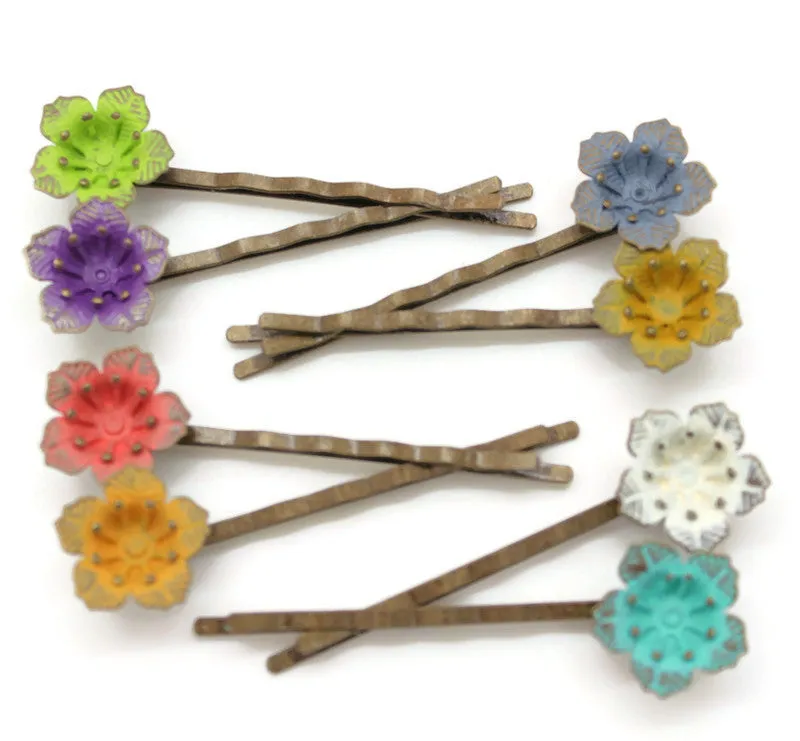 Flower Power Bobby Pins (2 pack) - Hand Painted Colorful Metal Flower Hair Pins