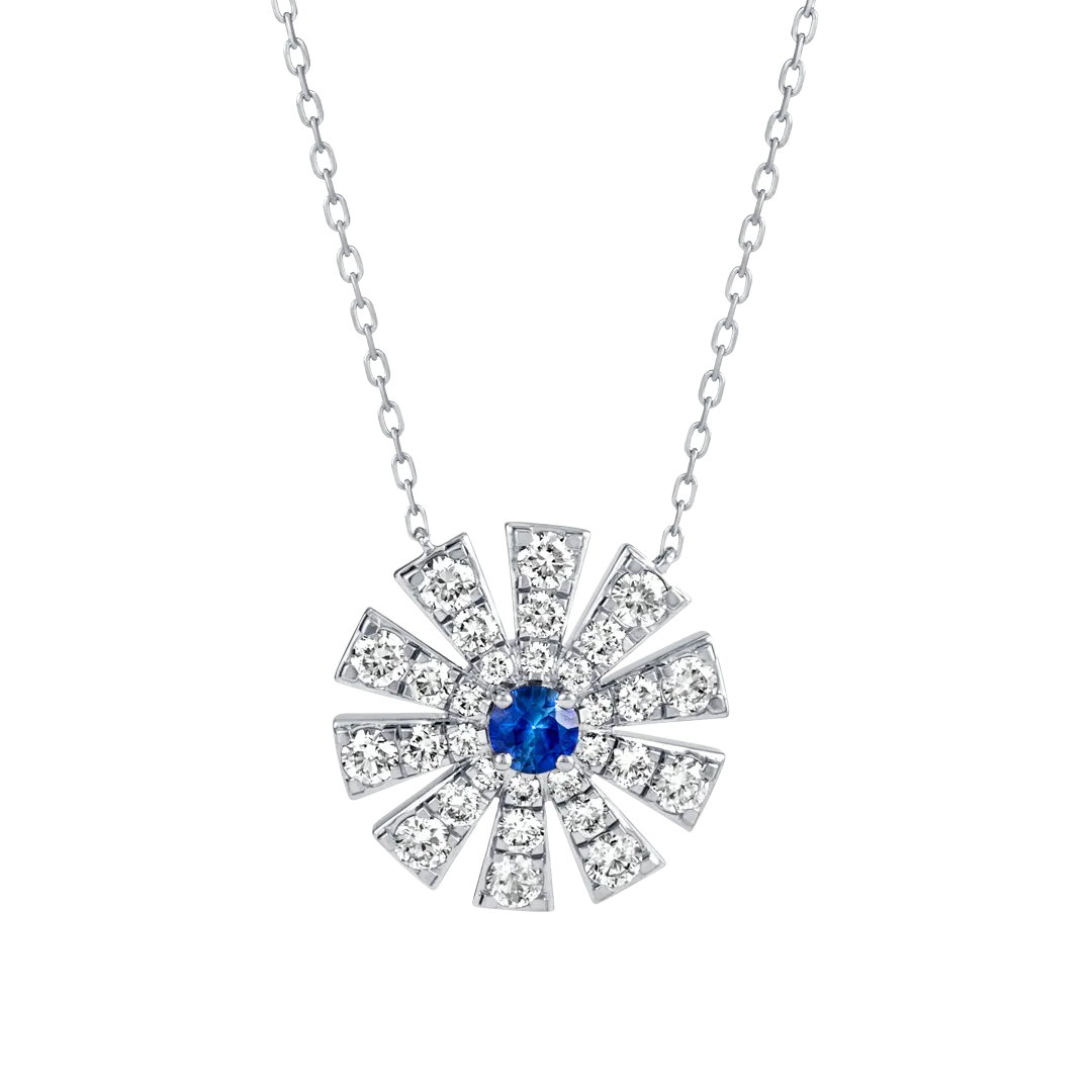 Full Sunrise Blue Sapphire & Diamond Pendant White Gold