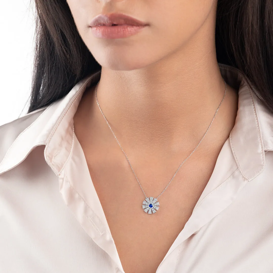 Full Sunrise Blue Sapphire & Diamond Pendant White Gold