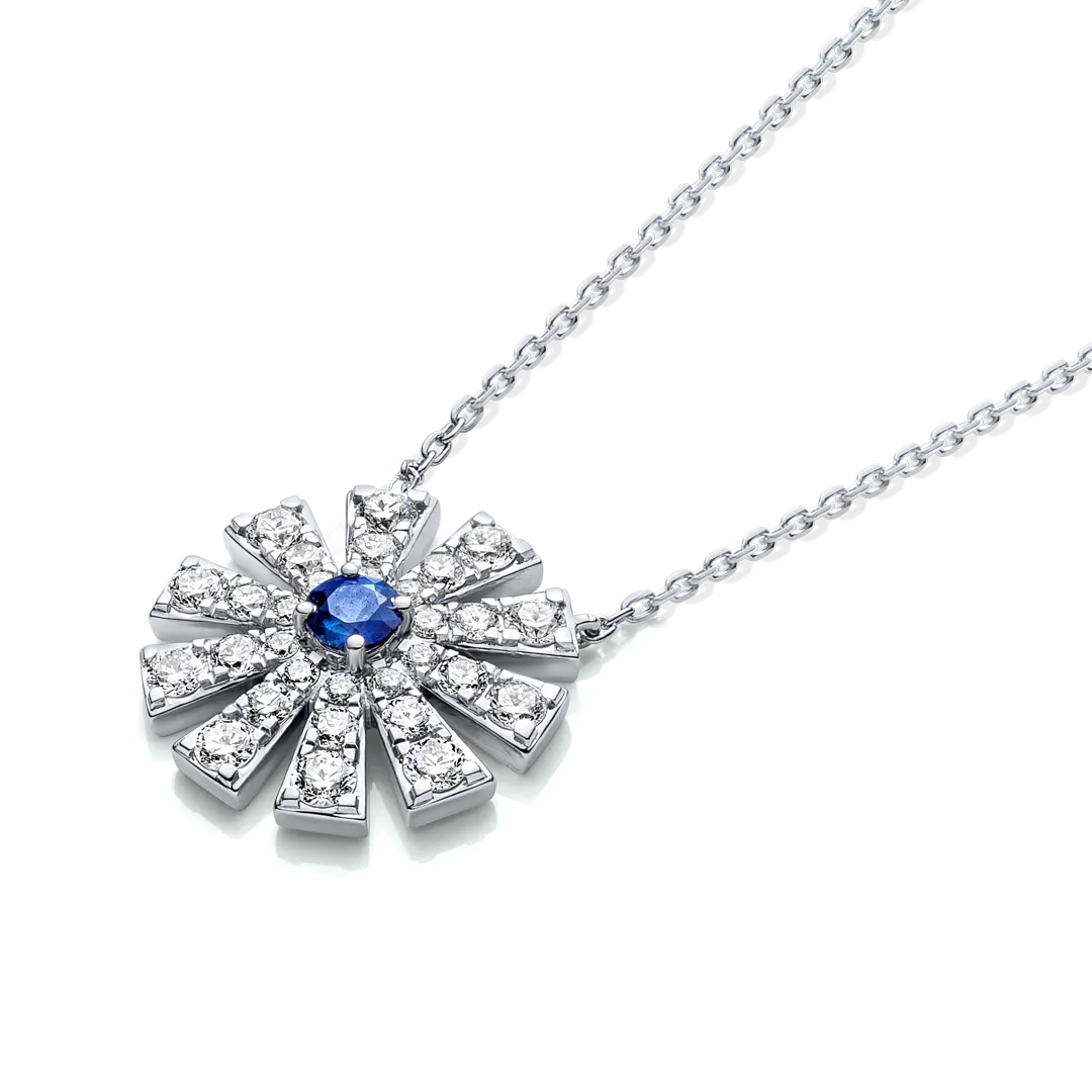 Full Sunrise Blue Sapphire & Diamond Pendant White Gold