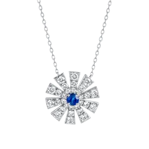 Full Sunrise Blue Sapphire & Diamond Pendant White Gold
