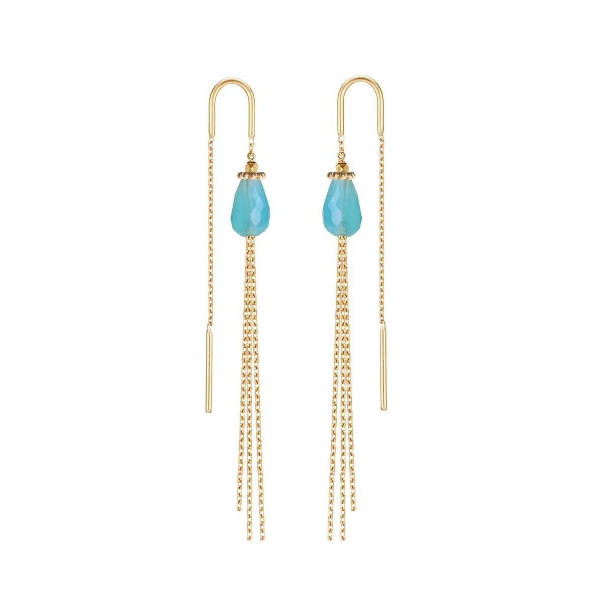 Gem Drop long Tassel Earrings Chalcedony - 18k Gold