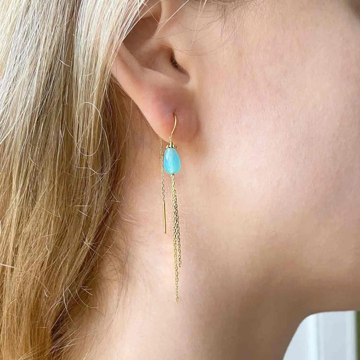 Gem Drop long Tassel Earrings Chalcedony - 18k Gold