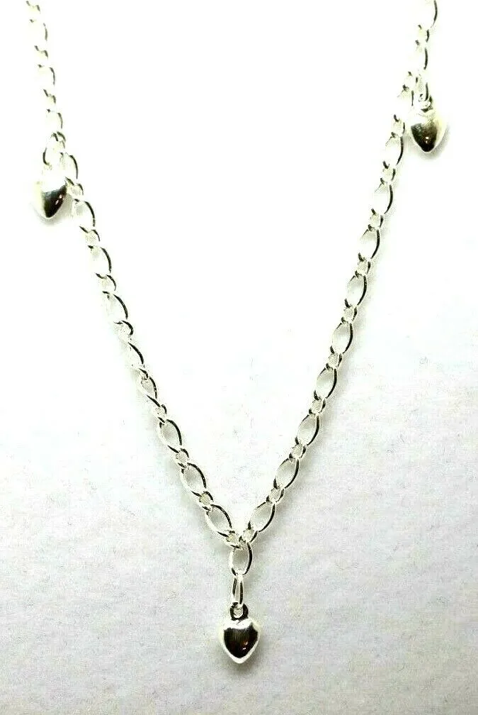 Genuine Sterling Silver 25cm Figaro Anklet   3 Charm Hearts