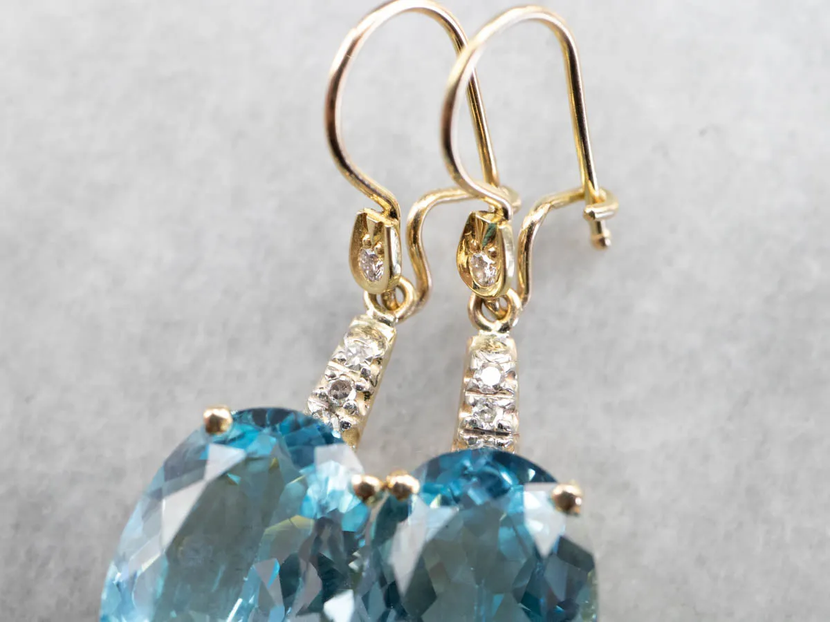 Gold Blue Topaz and Diamond Drop Earrings