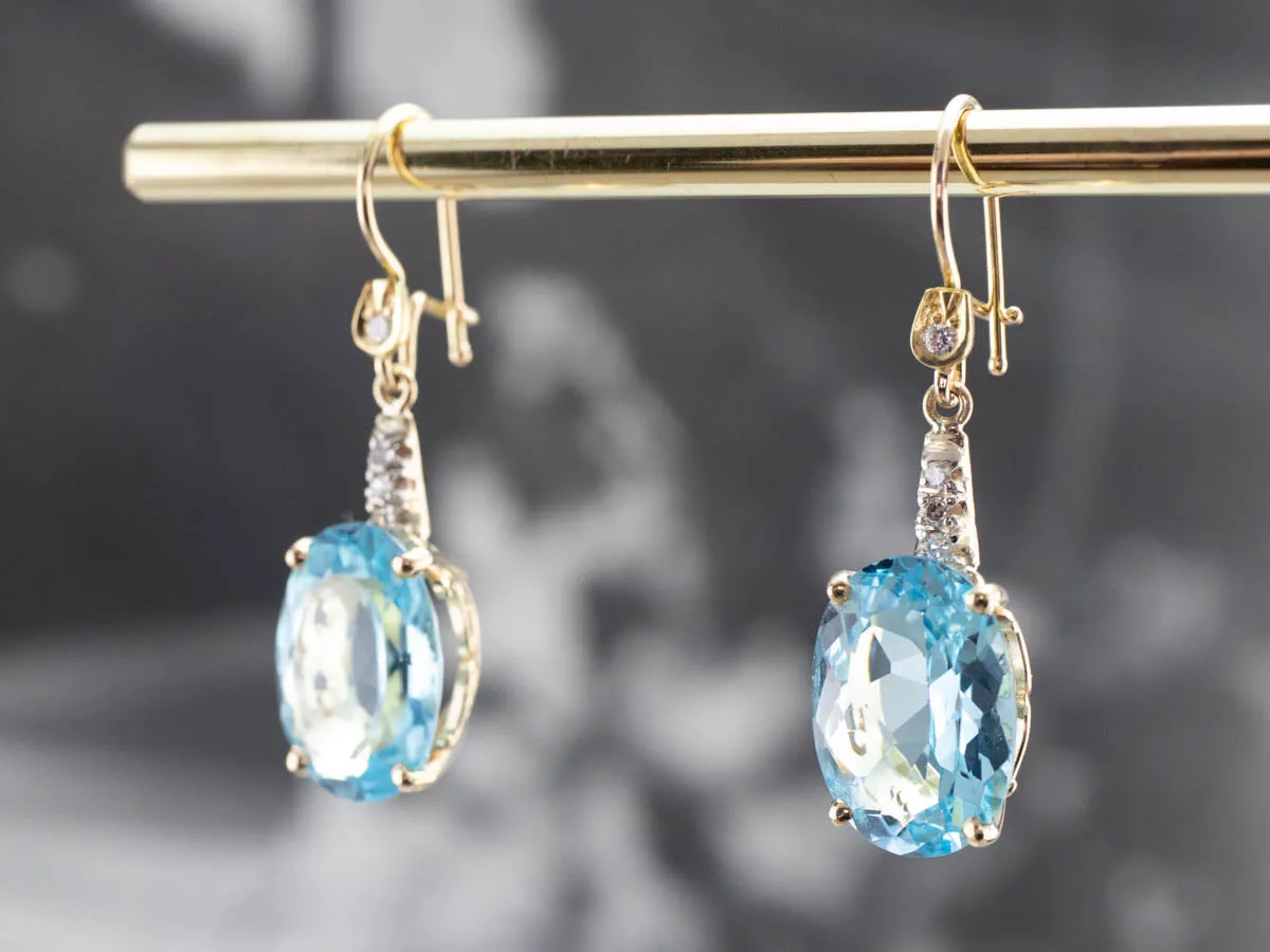 Gold Blue Topaz and Diamond Drop Earrings