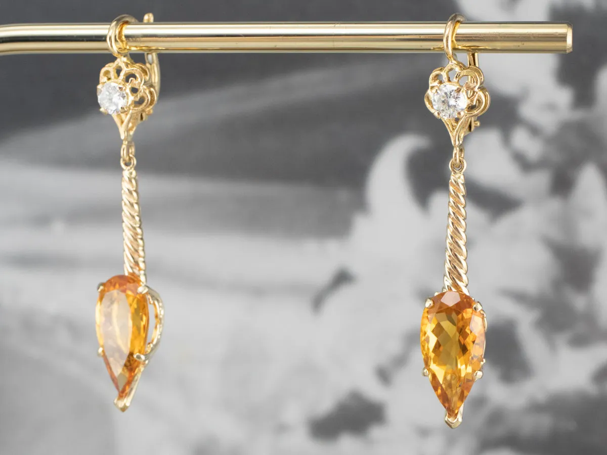 Gold Citrine and Diamond Drop Earrings