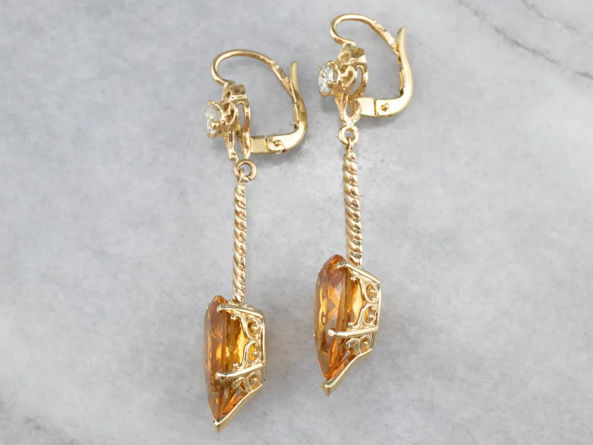 Gold Citrine and Diamond Drop Earrings