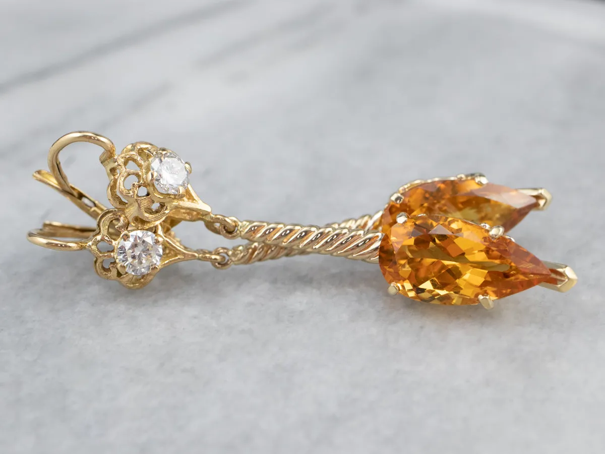 Gold Citrine and Diamond Drop Earrings