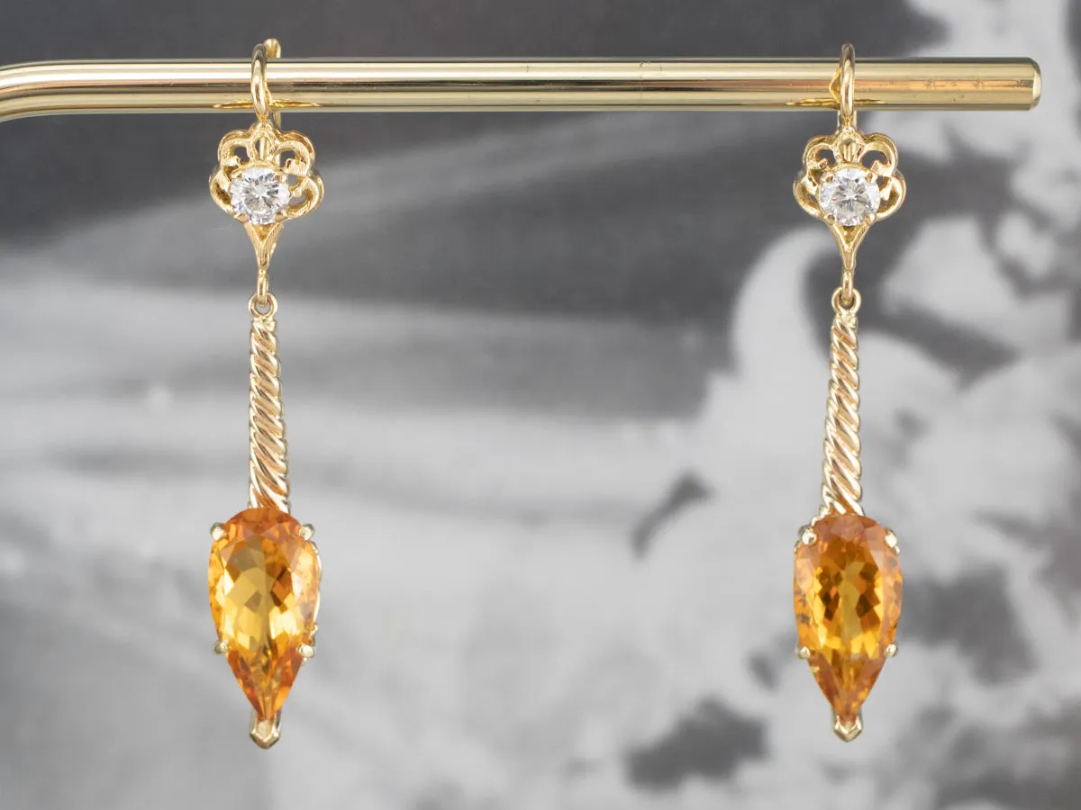 Gold Citrine and Diamond Drop Earrings