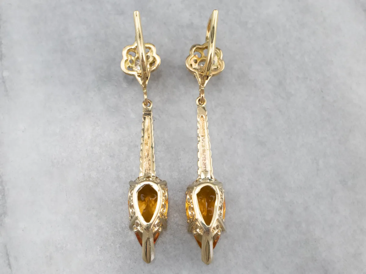 Gold Citrine and Diamond Drop Earrings