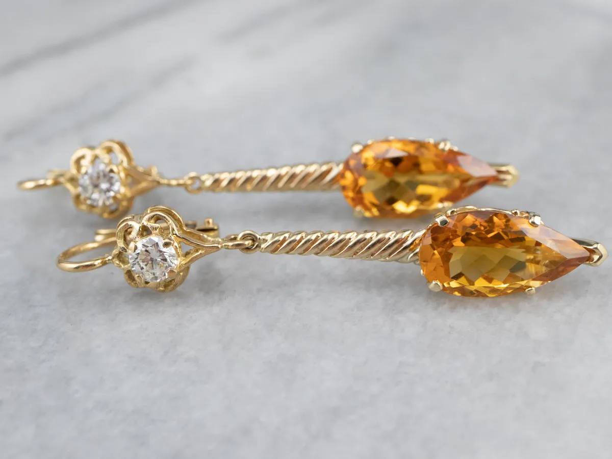 Gold Citrine and Diamond Drop Earrings