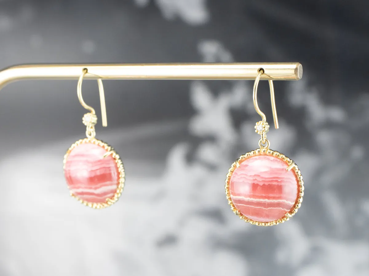 Gold Rhodochrosite and Diamond Drop Earrings