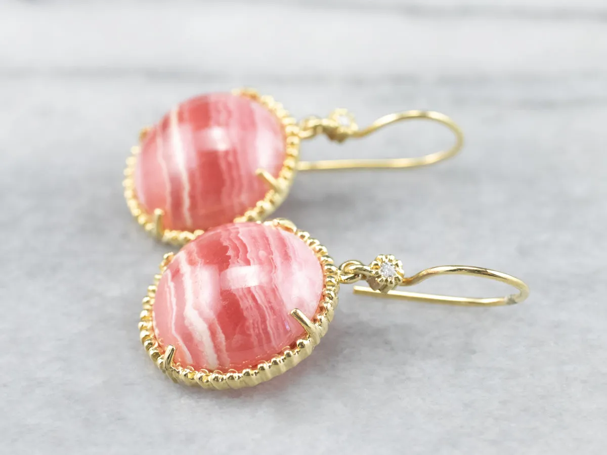 Gold Rhodochrosite and Diamond Drop Earrings