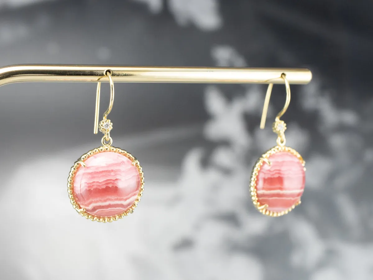 Gold Rhodochrosite and Diamond Drop Earrings