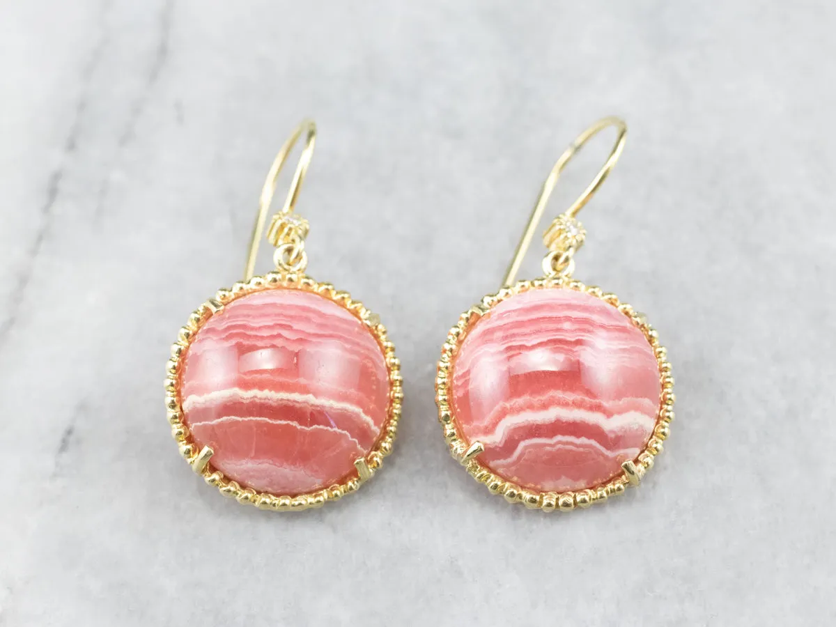 Gold Rhodochrosite and Diamond Drop Earrings
