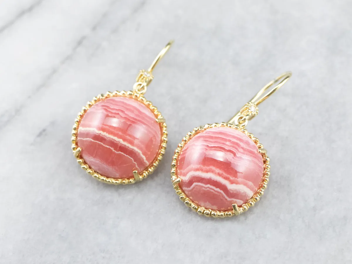 Gold Rhodochrosite and Diamond Drop Earrings