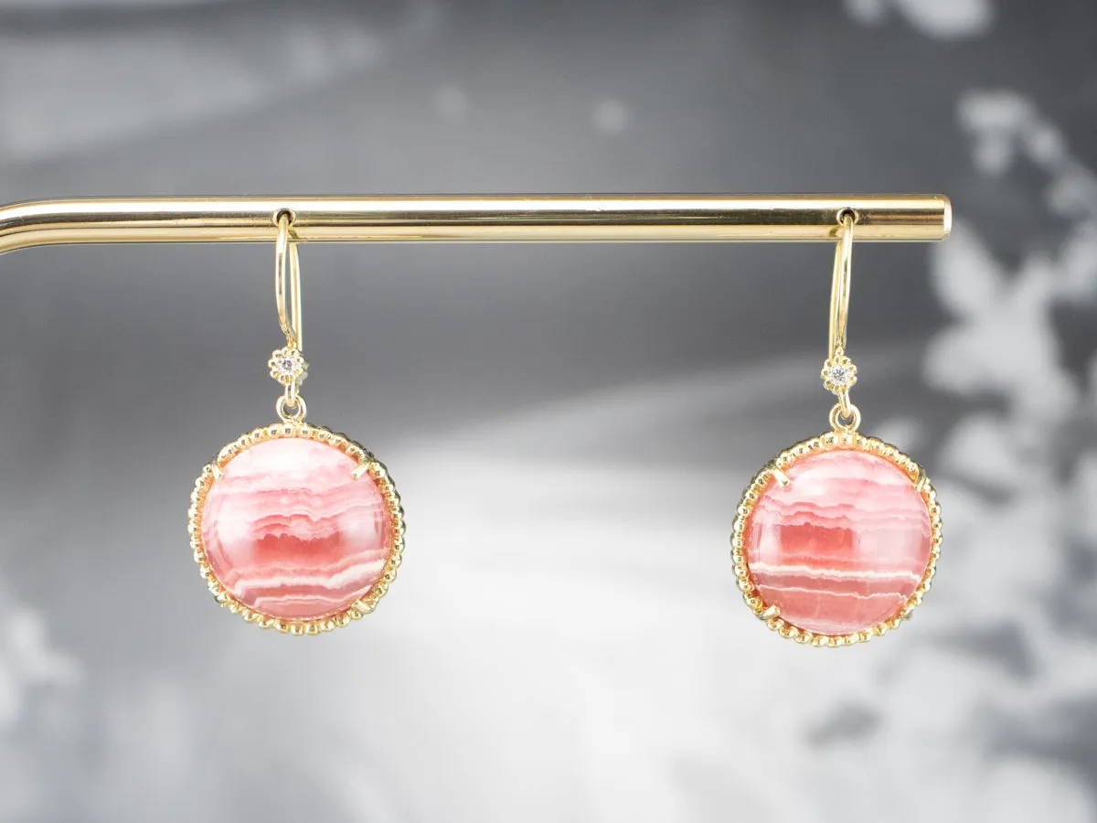 Gold Rhodochrosite and Diamond Drop Earrings