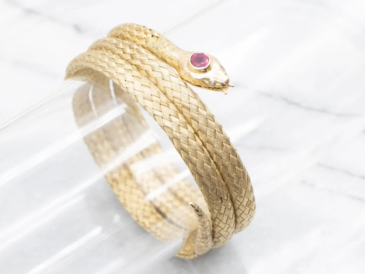 Gold Ruby and Diamond Cobra Snake Wrap Bracelet