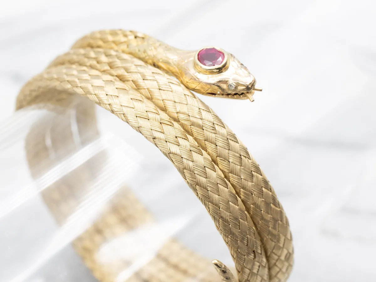 Gold Ruby and Diamond Cobra Snake Wrap Bracelet