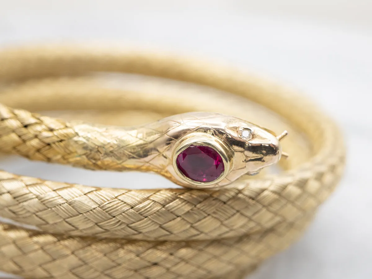 Gold Ruby and Diamond Cobra Snake Wrap Bracelet