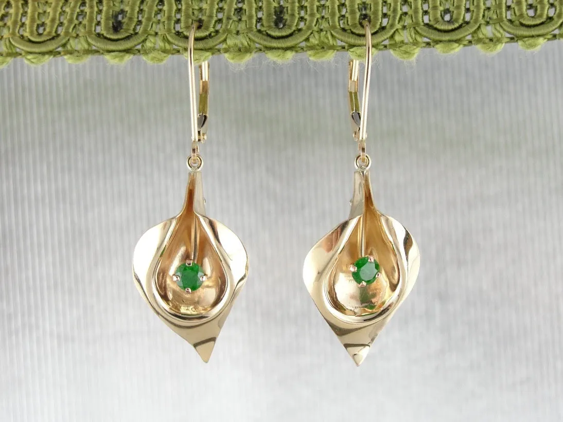 Golden Calla Lily & Green Demantoid Garnet Flower Earrings
