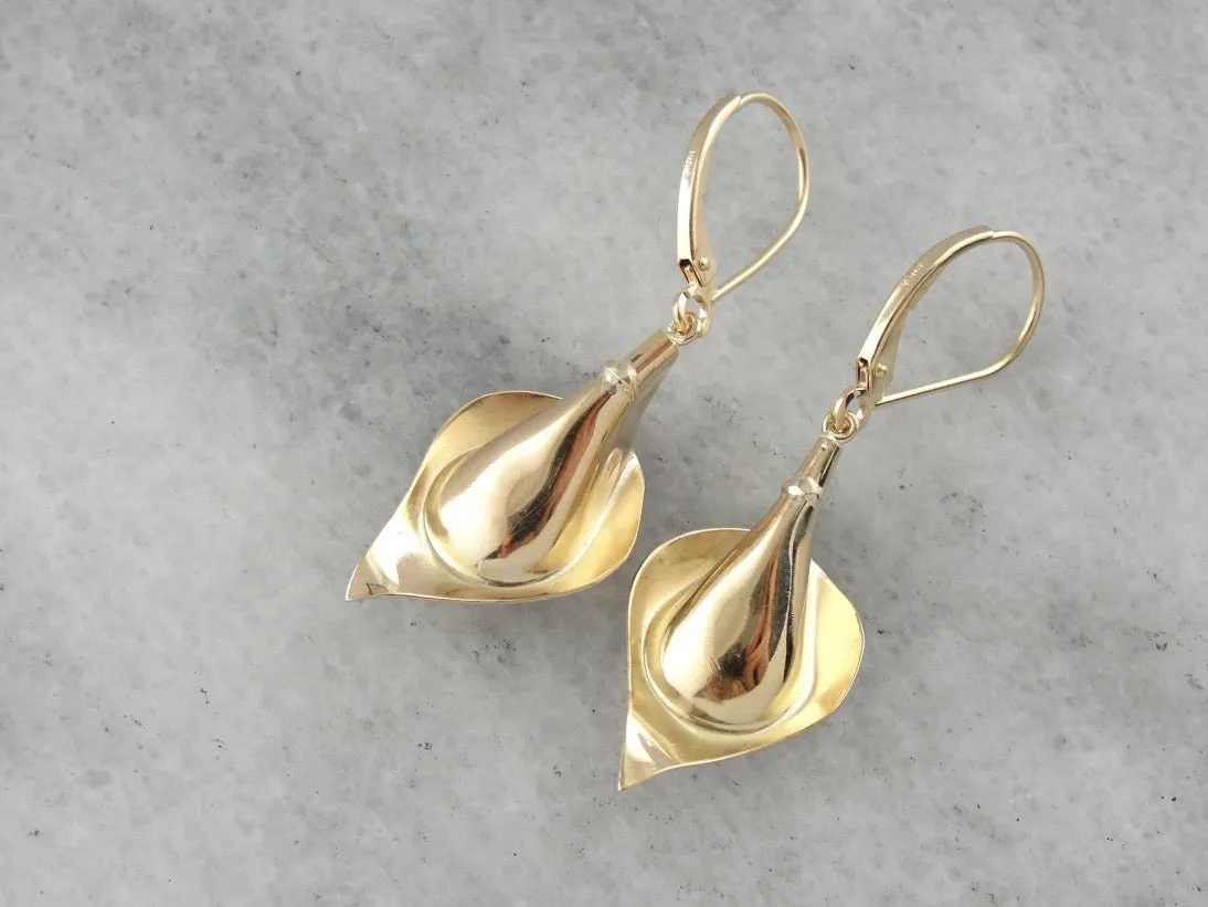 Golden Calla Lily & Green Demantoid Garnet Flower Earrings