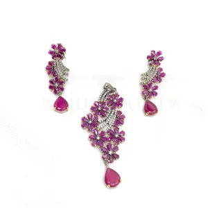 Gorgeous Victorian Ruby Red Zircon (CZ) Stone Floral Pendant Set