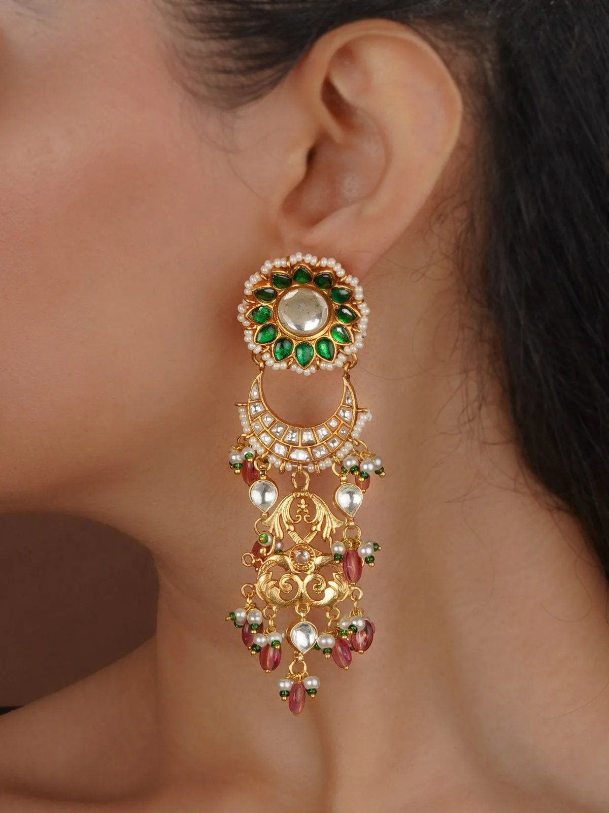 Green Color Gold Plated Thappa Jadau Kundan Earrings - TJ-E139GR