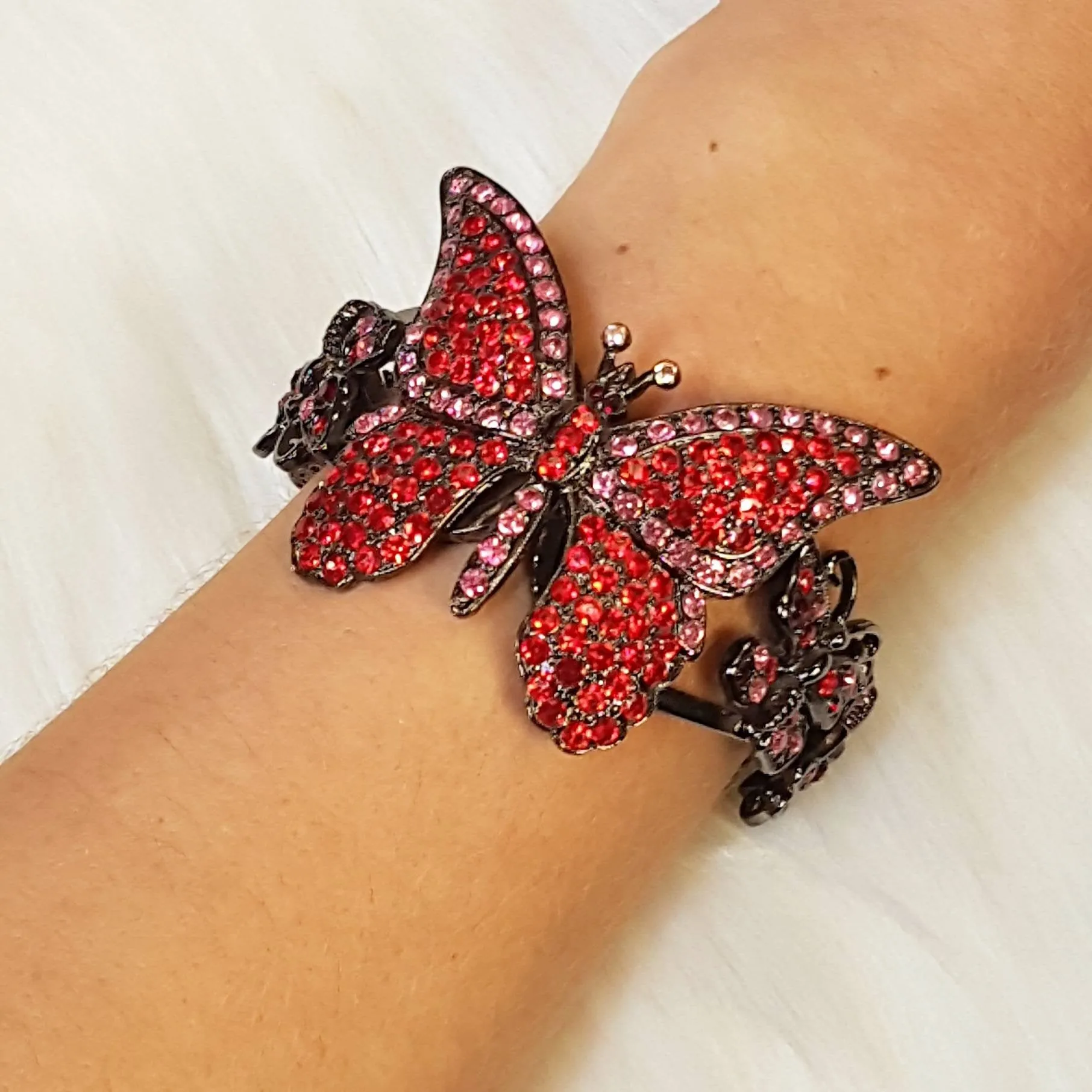 Handmade Butterfly Bracelet Cuff Red Pink Crystal by Askew London