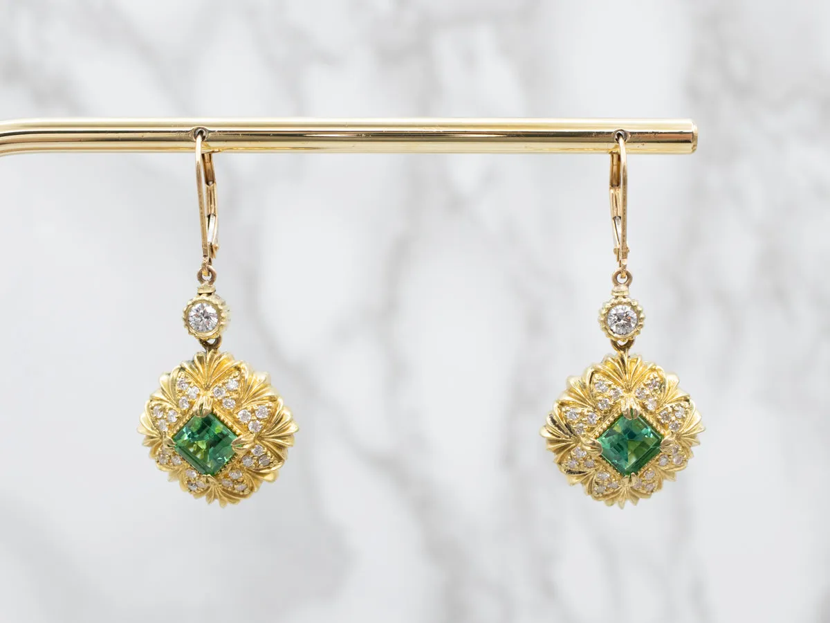 Italian 18K Gold Green Tourmaline and Diamond Drop Earrings