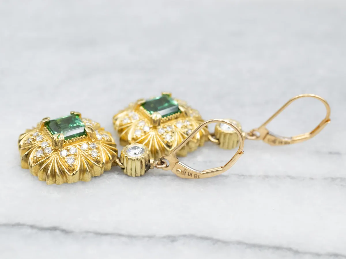 Italian 18K Gold Green Tourmaline and Diamond Drop Earrings