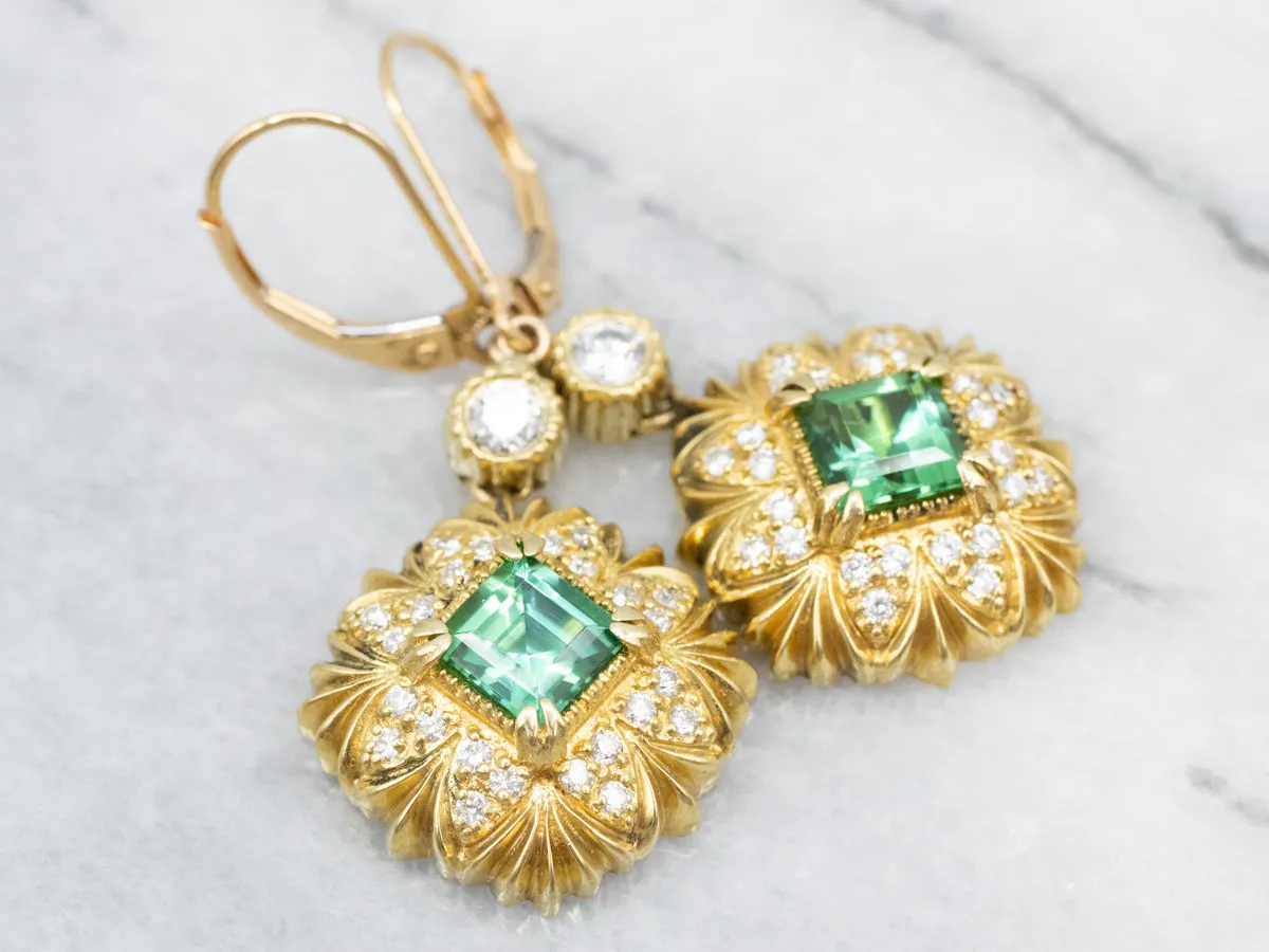 Italian 18K Gold Green Tourmaline and Diamond Drop Earrings