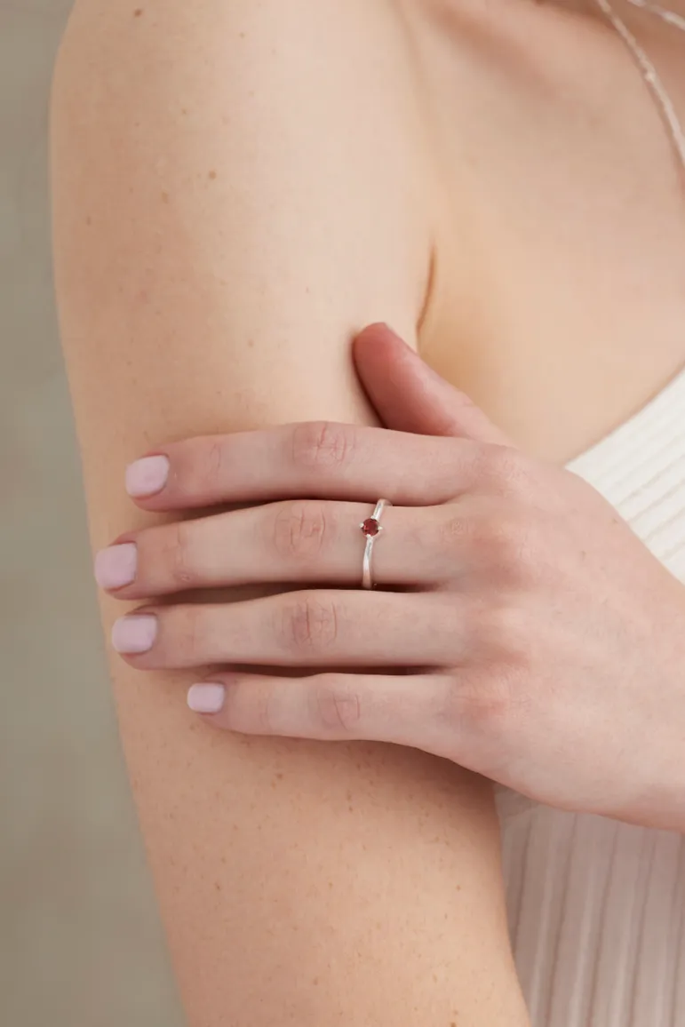 January Garnet Silver Birthstone Ring