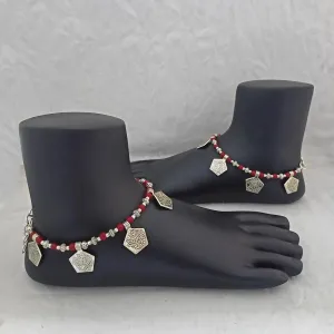 Jeweljunk Oxidised Plated Red Beads Payal -1503720A