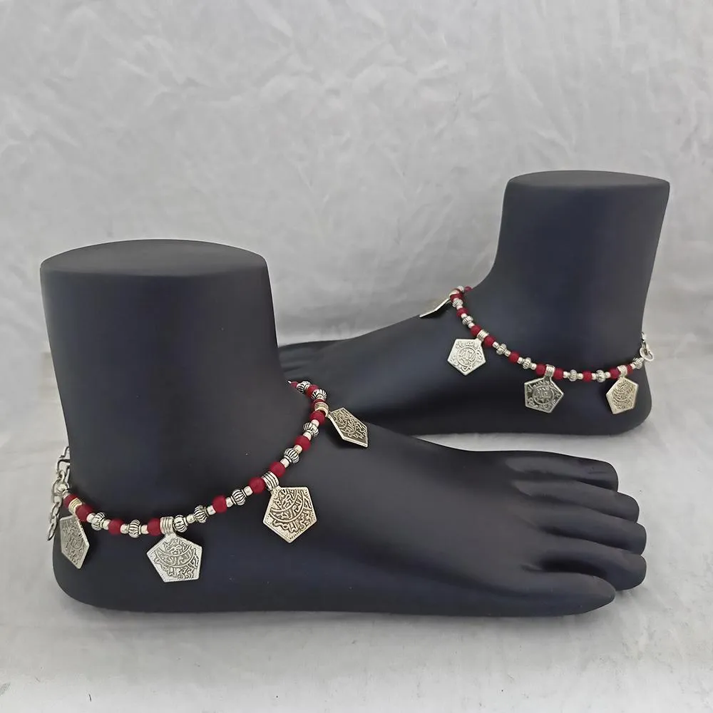 Jeweljunk Oxidised Plated Red Beads Payal -1503720A