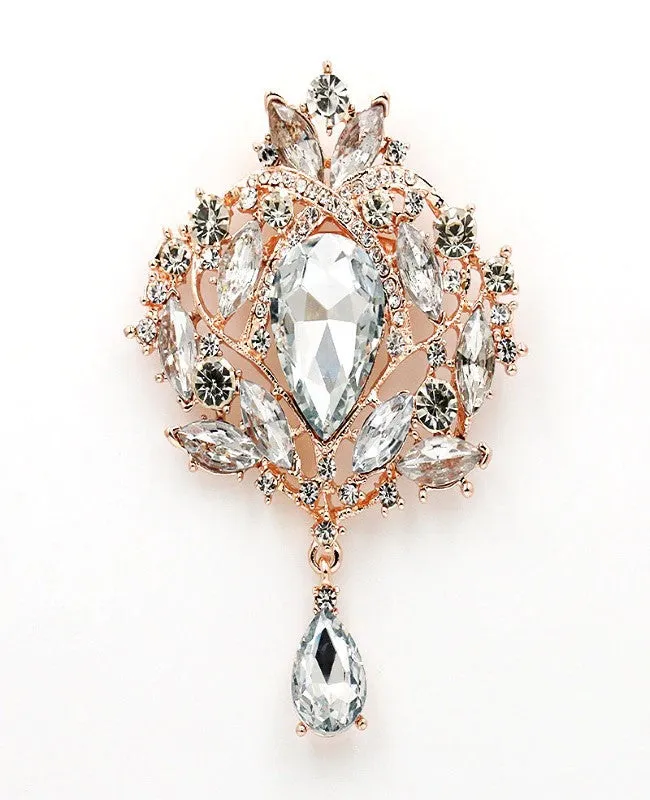 Large Gold Brooch Flower Pendant Pin Rhinestone Crystal BR-037G