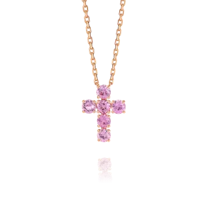 Large Pink Sapphire Cross Pendant Rose Gold