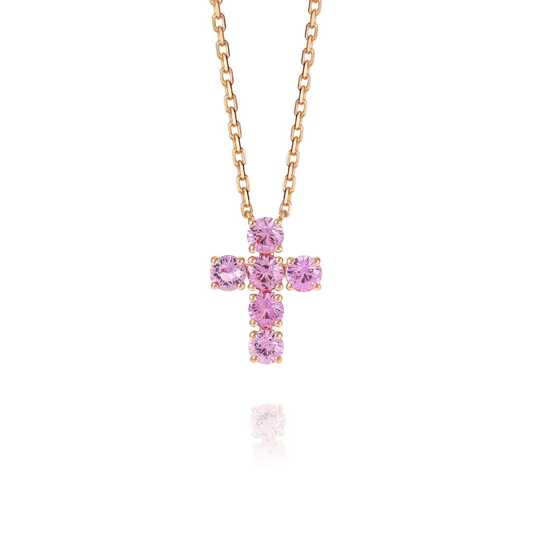 Large Pink Sapphire Cross Pendant Rose Gold