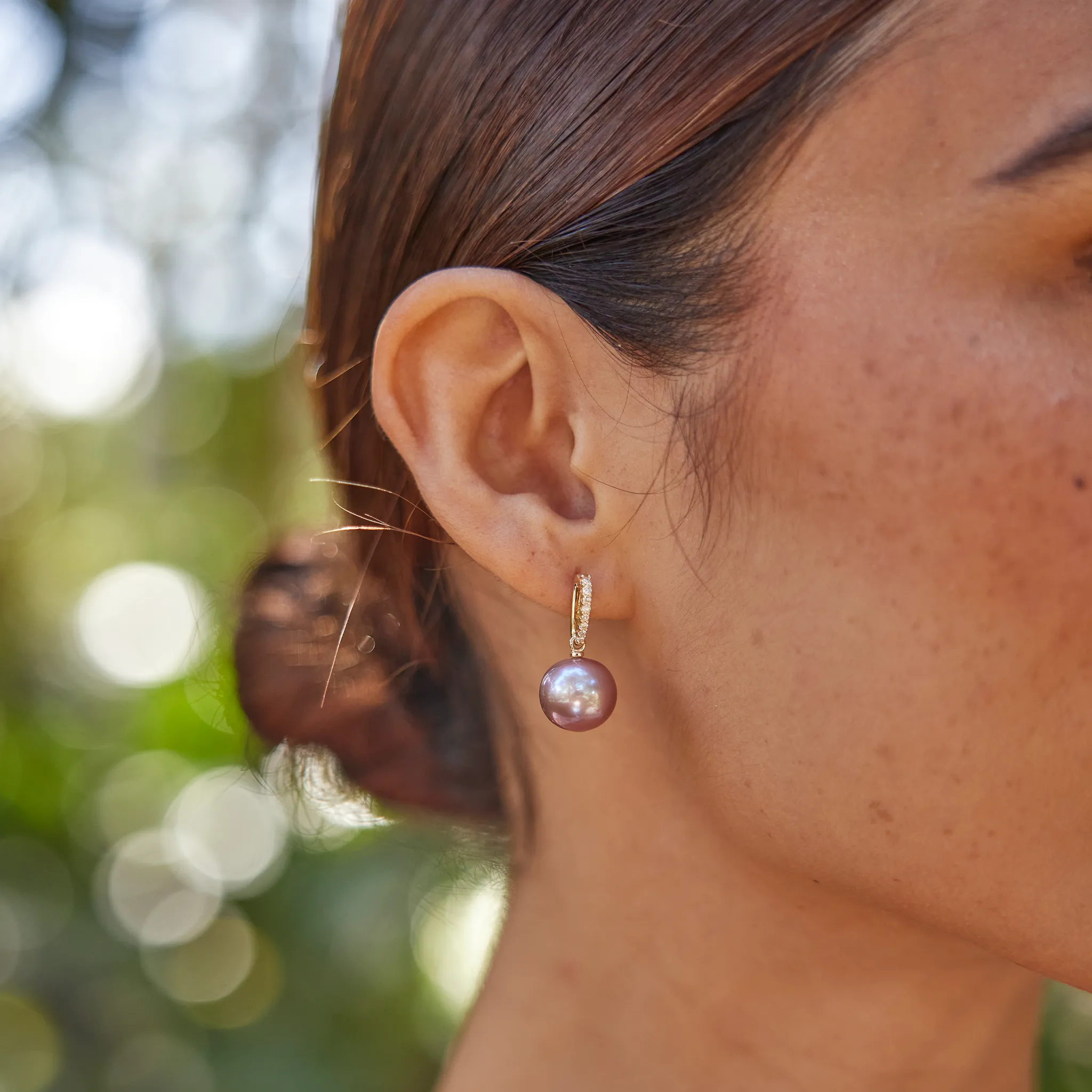 Lilac Freshwater Pearl Earrings in Gold with Diamonds - 11-12mm