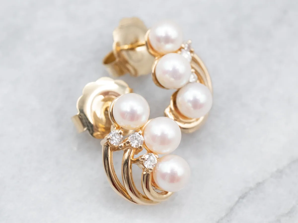 Mid Century Pearl and Diamond Stud Earrings