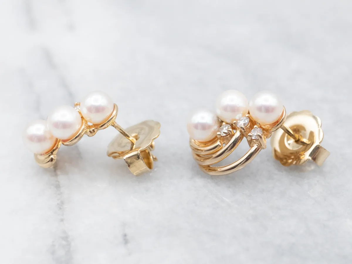 Mid Century Pearl and Diamond Stud Earrings