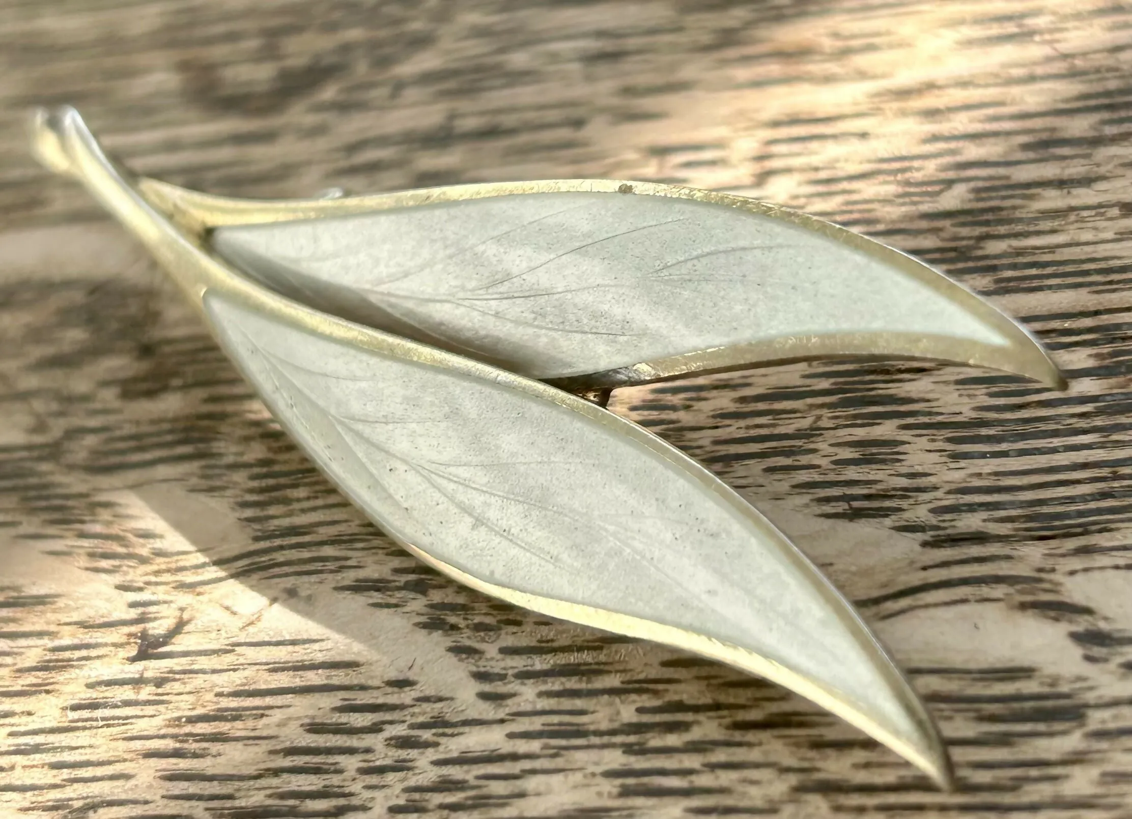 Modern Mid Century MN Thune Sterling Silver Gilt 1960??s Snowflake White Enamel Leaf Brooch