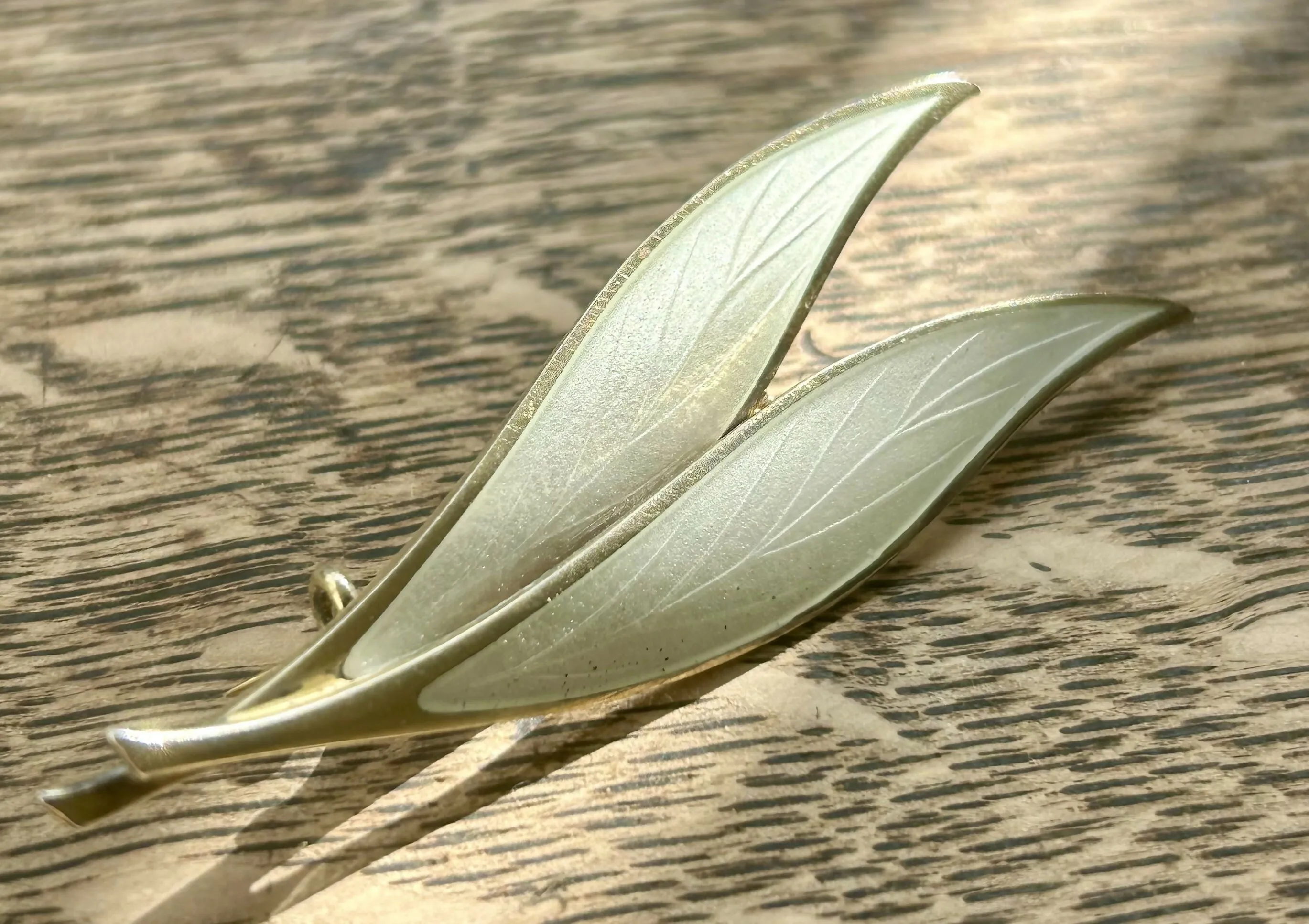 Modern Mid Century MN Thune Sterling Silver Gilt 1960??s Snowflake White Enamel Leaf Brooch