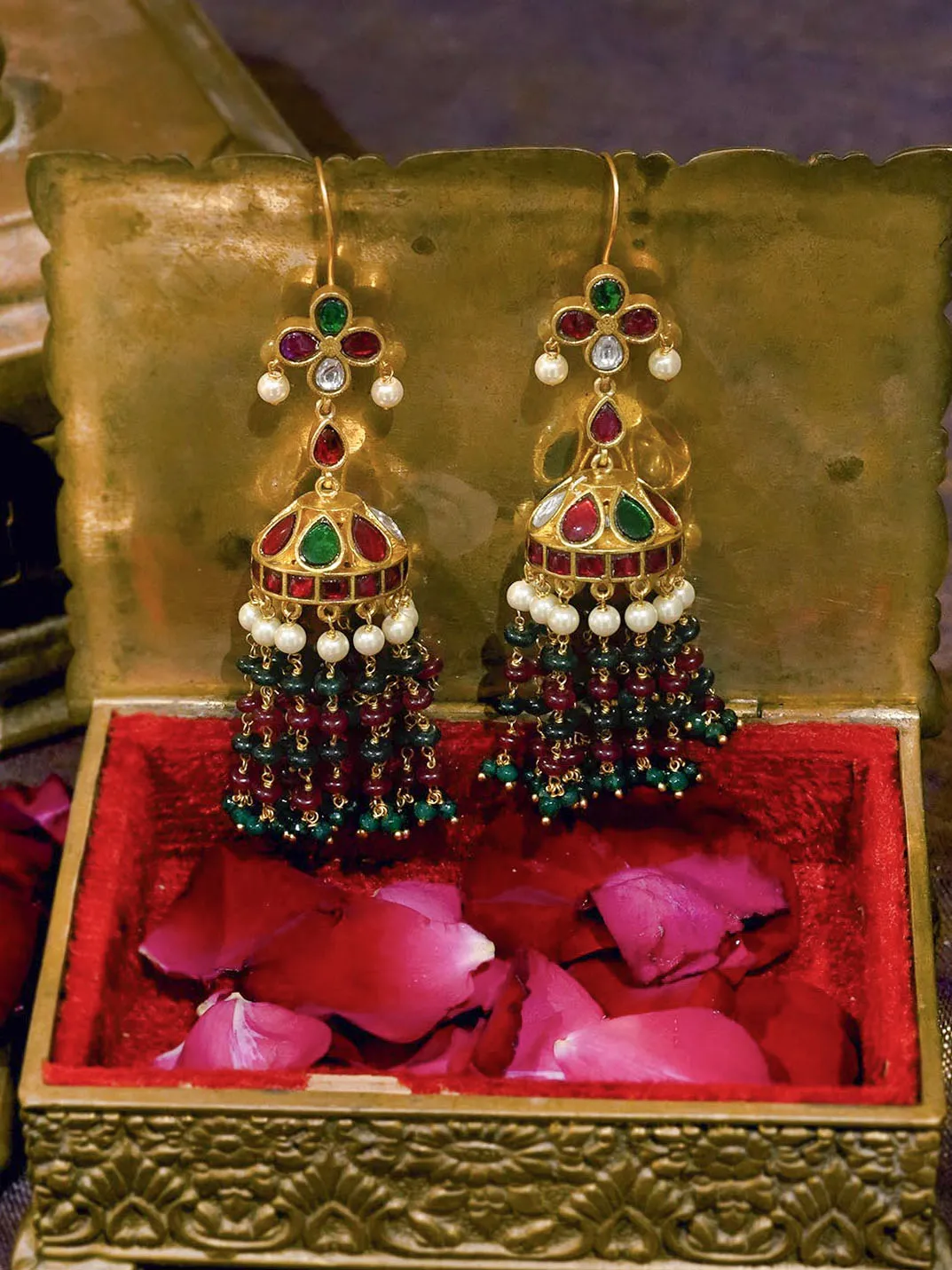 Multicolor Gold Plated Jadau Kundan Earrings - ME1068M