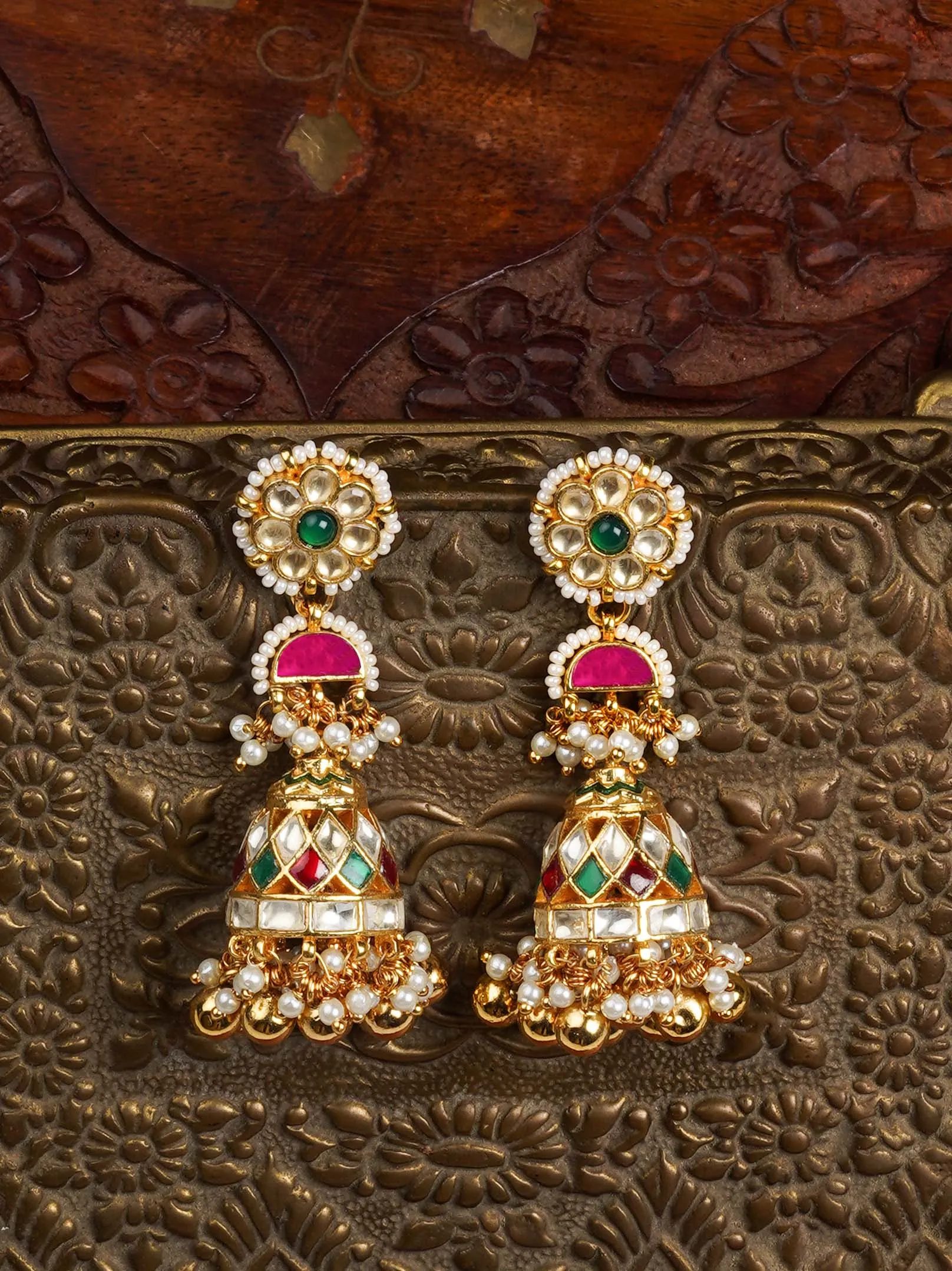 Multicolor Gold Plated Jadau Kundan Earrings - ME824M